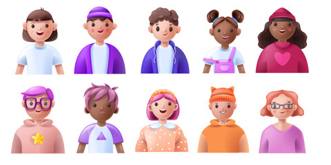 3D kid avatar set, cute face smile child icon, vector young school teen boy girl cartoon character. Diverse kindergarten head collection, happy student team portrait profile clipart. Kid avatar kit