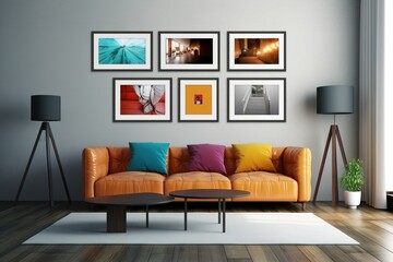 minimal design apartment, a wall with many picture frames, a modern living room, colorful furniture
