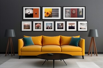 minimal design apartment, a wall with many picture frames, a modern living room, colorful furniture
