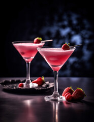 Pink Martinis with Fresh Strawberries on Dark Background