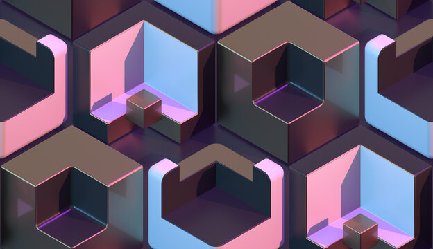Generative AI with 3d illustration of 4K UHD abstract background of symmetric boxes and cube shapes with bright blue and pink with purple multicolored layers