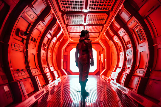 Generative AI illustration full body of woman in spacesuit standing in illuminated corridor of modern spacecraft and looking at wall