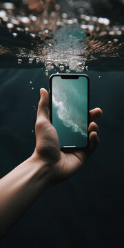 AI-generated illustration of a crop unrecognizable male hand shooting a video of a water vortex on an underwater waterproof mobile phone