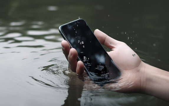 Generative AI illustration of crop unrecognizable male hand holding modern smartphone in dark river water with splashes concept of waterproof device