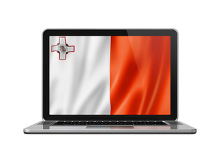 Malta flag on laptop screen isolated on white. 3D illustration