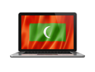 Maldives flag on laptop screen isolated on white. 3D illustration