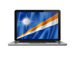 Marshall Islands flag on laptop screen isolated on white. 3D illustration