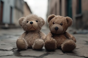 illustration, a couple of cute teddy bears on the street, ai generative