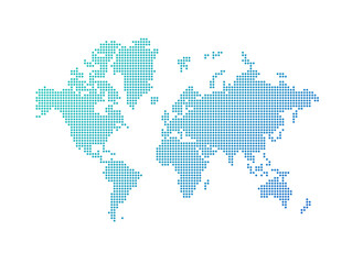 Illustration of a blue world map made of dots on a transparent background