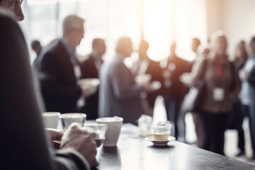 Groups of colleagues communicating with each other during break on business presentation in office meeting room. Blurred people in background