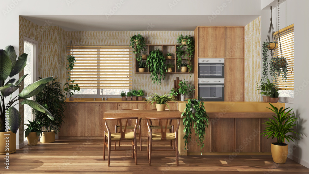 Canvas Prints Urban jungle interior design, wooden kitchen in white and yellow tones with many houseplants. Island with chairs and appliances. Biophilic concept idea