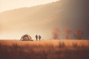 Generative AI illustration of unrecognizable friends camping at campsite standing near portable tent in summer field at sunset