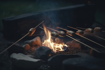 Generative AI illustration of marshmallows with sticks roasting over burning campfire in evening time