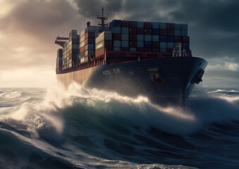 Generative AI illustration with picturesque of modern loaded cargo ship sailing on turbulent wavy dark sea under cloudy sky background at sunset