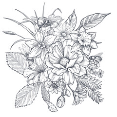 Flower bouquet hand drawn sketch illustration Wild flowers