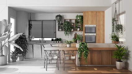 Architect interior designer concept: hand-drawn draft unfinished project that becomes real, urban jungle, wooden kitchen with many houseplants. Biophilic concept idea