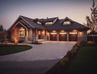 Generative AI illustration of the exterior of a residence with a garage building with bright windows under a clear night sky