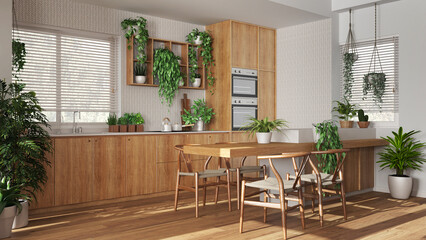 Biophilia interior design, wooden kitchen in white and beige tones with many houseplants. Island with chairs and appliances. Urban jungle concept idea