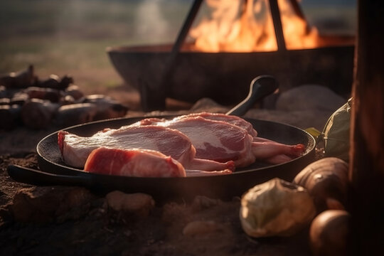 Generative AI illustration of fresh raw pieces of meat placed on pan near bonfire at campsite