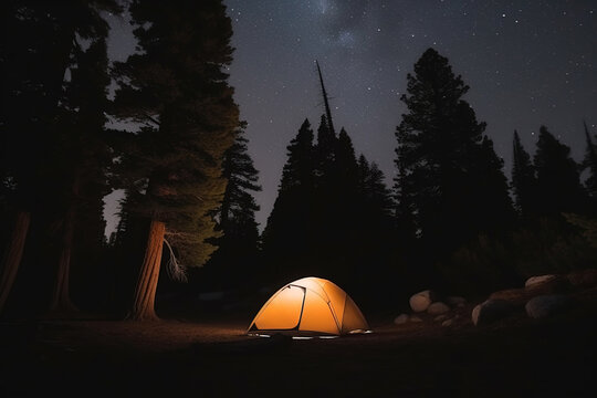 Generative AI picturesque illustration of luminous camping tent placed on ground near coniferous forest in night time