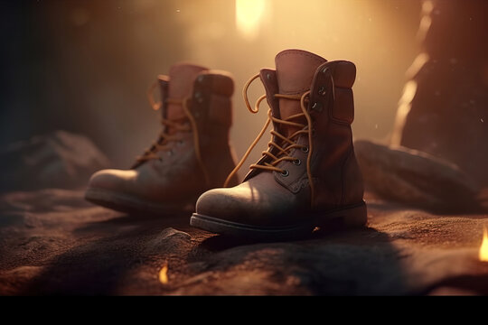 Generative Ai illustration of forgotten pair of trendy brown leather boots lying on rock surface at sundown in campsite