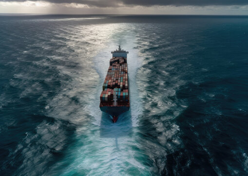 Generative AI illustration with aerial view of loaded cargo ship with multicolored containers over rippling dark blue sea under cloudy sky in evening