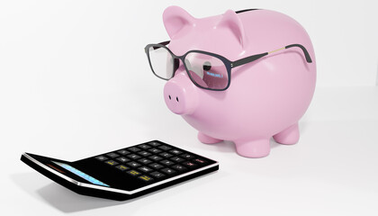 Piggy bank wearing glasses looking at a calculator