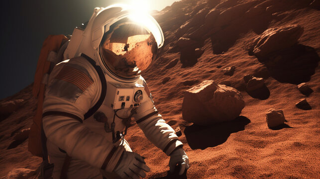 Generative AI image of anonymous spaceman in helmet and space suit standing near rocky formation and collecting samples with gloves on a distant planet - Powered by Adobe