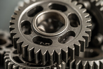 Gear and cogs wheels, clock mechanism, brass metal engine industrial.