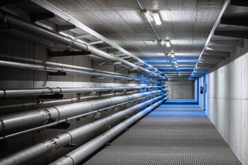 Empty underground tunnel with plumbing pipes
