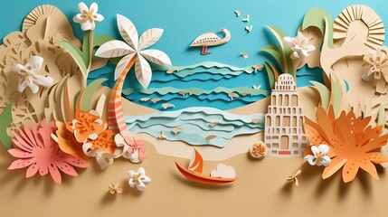 A beach scene with a palm tree, sandcastle, and seashells. paper - cut art, paper illustrations .generative ai