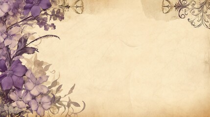 A beige parchment page with a floral border of soft purple and yellow blooms .generative ai