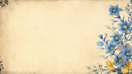A blank parchment page with a shabby chic border of delicate blue and yellow flowers .generative ai