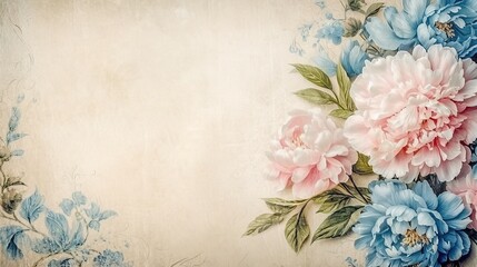 A blank parchment page with a shabby chic border of blue and pink peonies .generative ai