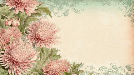 A blank parchment page with a shabby chic border of green and pink chrysanthemums .generative ai