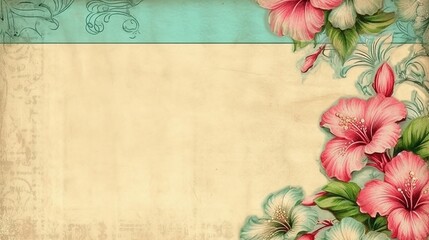 A blank parchment page with a shabby chic border of green and pink hibiscus .generative ai