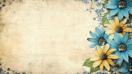 A blank parchment page with a shabby chic border of yellow and blue daisies .generative ai