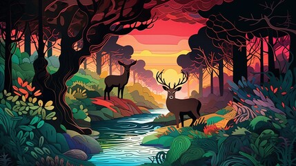 A forest scene with a deer drinking from a stream in the foreground. paper - cut art, paper illustrations .generative ai