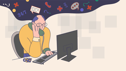 a Memphis style drawing of an abstract man talking on the phone while sitting in front of a monitor support service vector contour color illustration