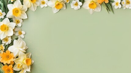 Naklejka na ściany i meble A parchment page with a floral border of white and yellow daffodils on a light green background .generative ai
