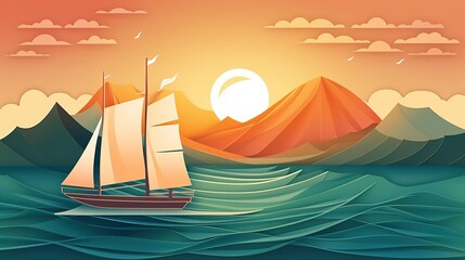 A sailboat sailing on a calm sea with a sunset in the background. paper - cut art, paper illustrations .generative ai