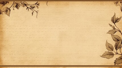 A sepia-toned parchment page with a floral border of light pink and green leaves .generative ai