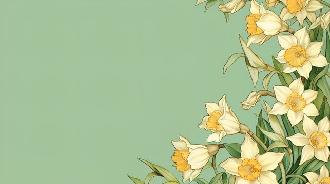 A parchment page with a floral border of white and yellow daffodils on a light green background .generative ai