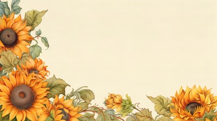 Obraz premium An antique-style parchment page with a floral border of yellow and orange sunflowers .generative ai