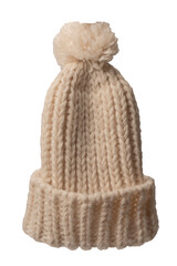 Beige beanie hat with pom pom isolated on a white background.