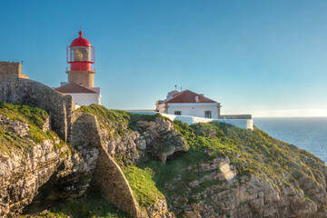 Fototapeta na wymiar The historical lighthouse at Cape St. Vincent (Cabo de São Vicente), the southermost point of mainland Europe. Algarve, Portugal.