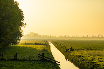 Fototapeta na wymiar Channel in the Dutch fields at sunrise
