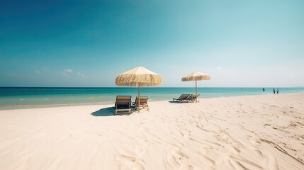 Fototapeta premium beautiful white sandy beach with turquoise sea and two loungers with umbrellas. no people. Generative AI