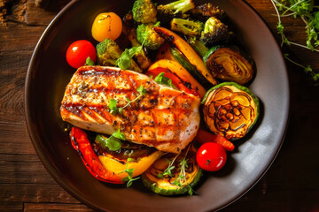 Tasty grilled dorada fish with vegetables and sauce on wooden background. Ai generated
