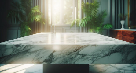 Marble rock table top with greeny leaves,foliage of tropical garden.morden contemporary of kitchen or ivingroom.interiors design background.generative ai technology